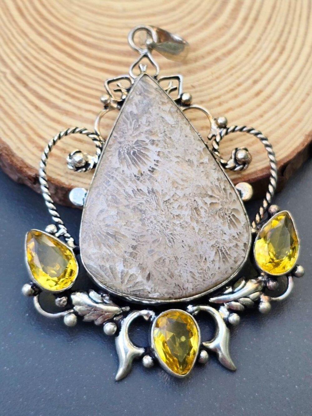 Hand Crafted ✦ Fossil Coral Citrine Sterling Silver Pendant ✦ Boho Natural Gem